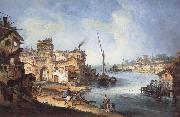 Buildings and Figures Near a River with Shipping